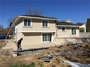 split level dual tier patio tan house brick pavers multi level